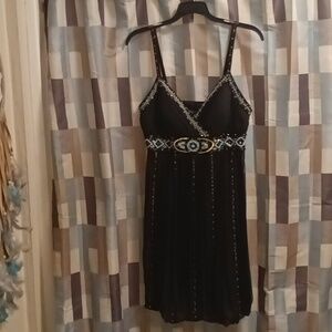 NWOT SUEWONG black accordion styled pleated dress w blue/gold trim Size 8